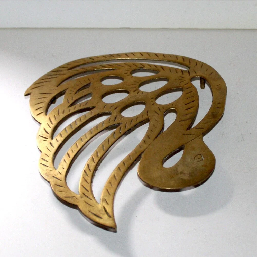 Vintage Brass Swan Trivet 9” footed MCM Kitchen Home Decor